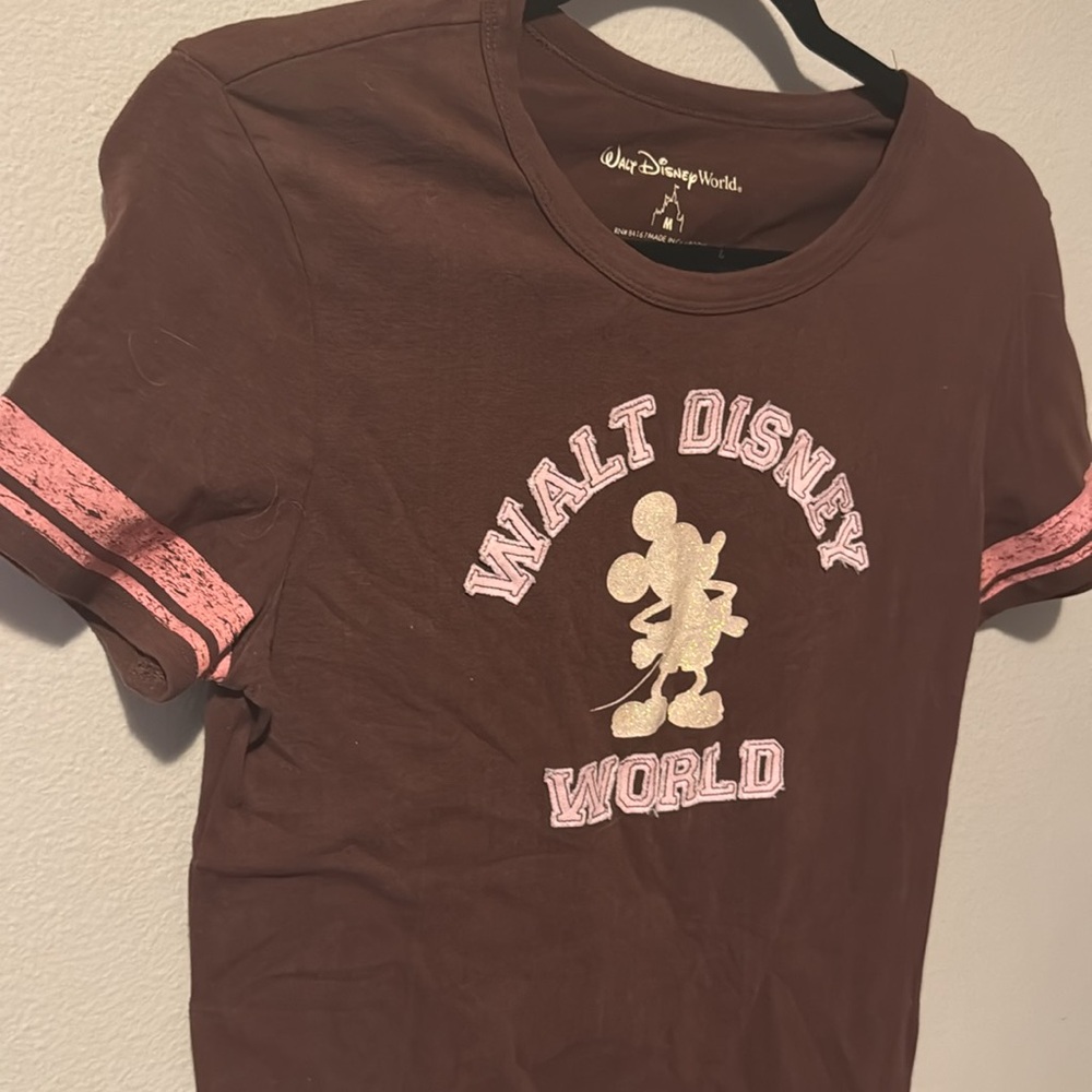 Walt Disney World Brown Short Sleeve Shirt Glitter Mickey Mouse Womens Medium - Picture 6 of 8